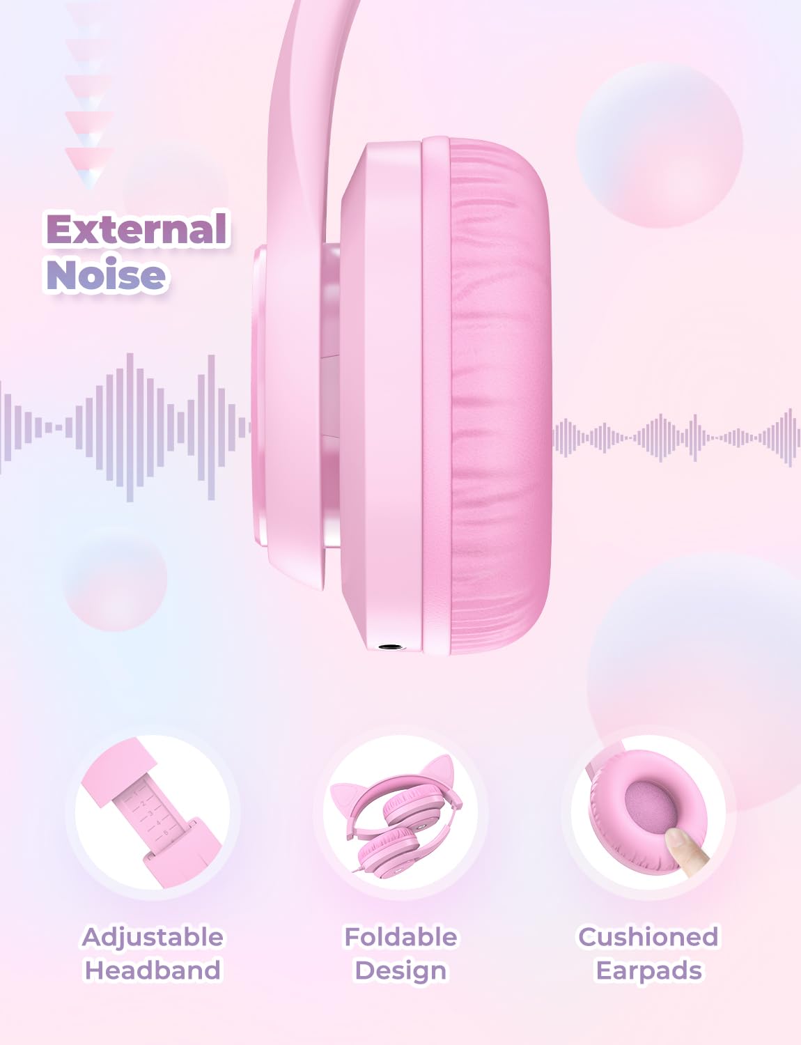 iClever Kids Headphones with Cat Ear Led Light Up, Safe Volume Limite, FunShare, Foldable, Over-Ear Headphones for Kids for School/iPad/Tablet/Travel, Meow Donut-Pink