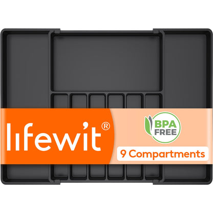 Lifewit Silverware Drawer Organizer, Expandable Utensil Tray for Kitchen, BPA Free Flatware and Cutlery Holder, Adjustable Plastic Storage for Spoons Forks Knives, 8.5"-14.1" x 12.1", Black