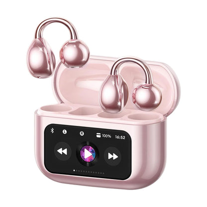 Piluyaa Clip-on Earbuds, Open Ear Earbuds with LCD Touchscreen Wireless Bluetooth 5.4, Lightweight M100 Open Ear Headphones with C-Shaped Bridge, Slim Hook,48H Battery, for Sports, Fitness (Pink)