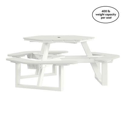 Shoreline Made in USA Hexagon Picnic Table, Seating for 6, Coconut White