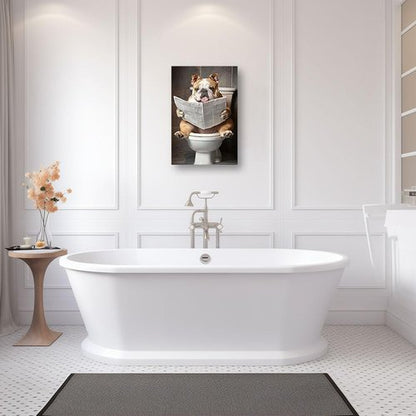 CCWACPP Bulldog Bathroom Wall Art - Funny Animal Canvas Print Reading Newspaper | Framed 12" x 18"