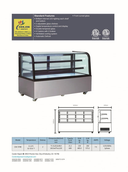 Refrigerated Bakery Display Cooler Case for Pastry Deli Curved 72" Wide Cooler Glass Display Curve Case Refrigerator - Commercial NSF UL ETL CW-570R