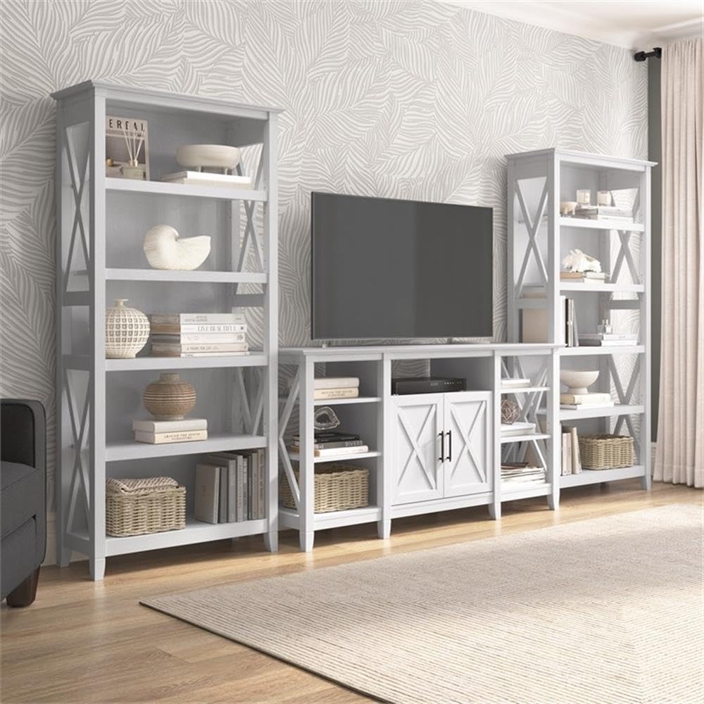 Bush Home Key West Tall TV Stand with Set of 2 Bookcases in Pure White Oak, Farmhouse Entertainment Center for 65 Inch Television