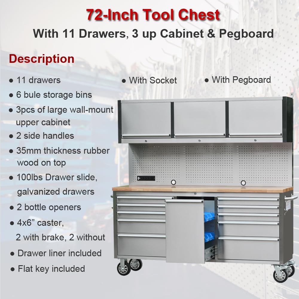 UYRIE 72" Stainless Steel Rolling Tool Chest with 11 Drawers + 3 Upper Cabinets, Large Lockable Storage Cabinet, Mobile Workbench with Wheels for Garage Workshop (1 × HTC7214W1)