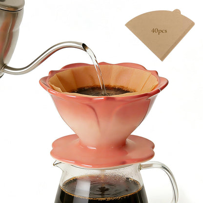 DHSUN Premium Ceramic Pour Over Coffee Dripper，Includes 40pcs Coffee Filter Papers, suitable for home and travel, Flower Petal Dripper（Gradient Red）