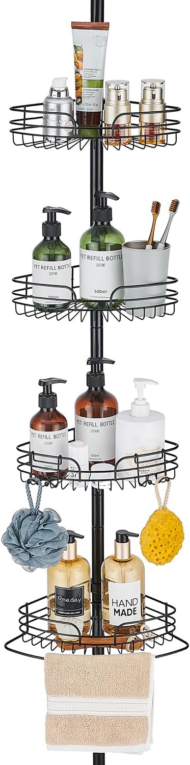 4 28.7 104.7 Inches WPT Black Shower Caddy Tension Pole for Bathroom, Stainless Steel Corner Shower Caddy Organizer