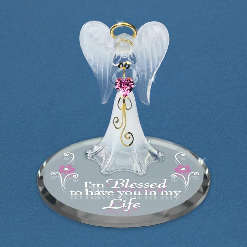 Glass Baron Angel 'I'm Blessed' - Angel Heart Figurine, White, Pink, Clear - Modern with Mirrored Base