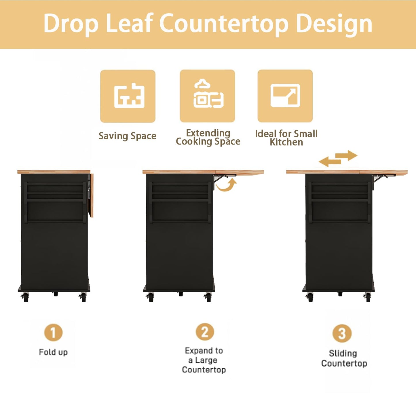 JassmiPkwy 67’’ Movable Kitchen Island with Drop Leaf and Power Outlet, Lockable Sliding Countertop Rolling Island Cart with 2 Large Drawers, Spice, Towel Rack,Black