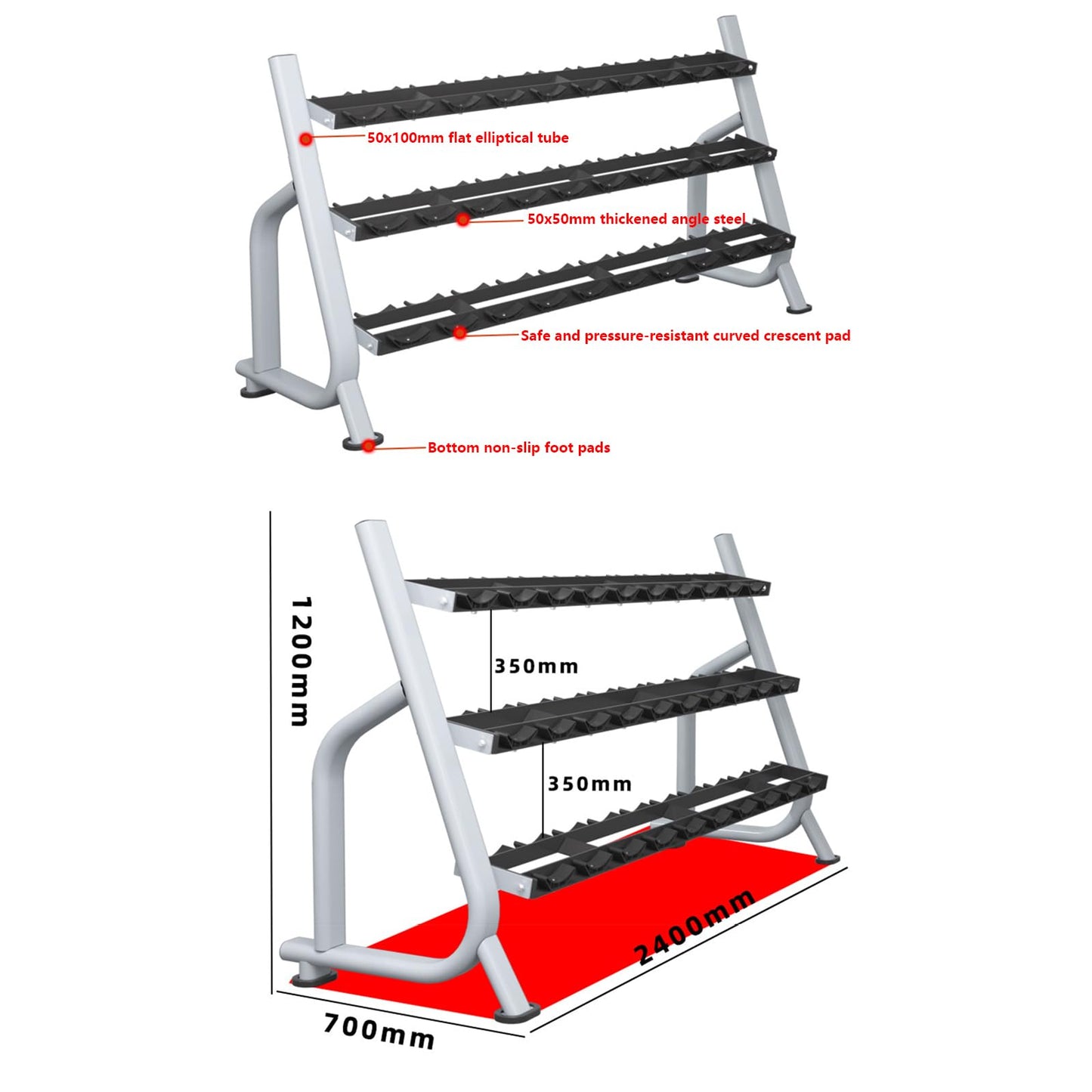 Commercial Steel Dumbbell Rack, 3 Tier Home Fitness Strength Training Dumbbell Storage Rack, 500kg Capacity, Silver, 3mm Thick Reinforced Dumbbell Racks