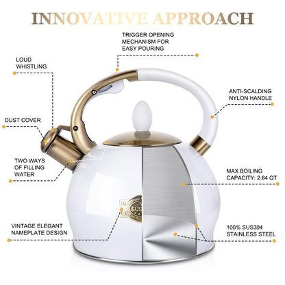 SUSTEAS Stove Top Whistling Tea Kettle - Food Grade Stainless Steel Teakettle Teapot with Cool Touch Ergonomic Handle, With 1 Silicone Pinch Mitt Included, 2.64 Quart(WHITE)