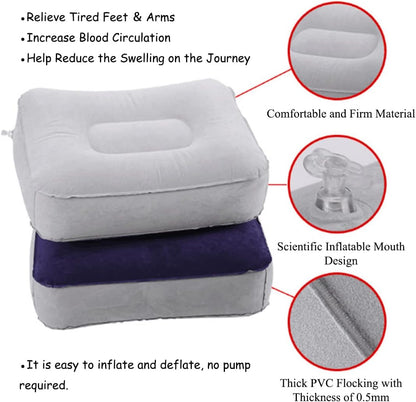 1 Inflatable Travel Foot Rest Pillow, Head Pad, Soft Flocking Pillow, Flights Relax Cushion Ottomans Leg Up with Air