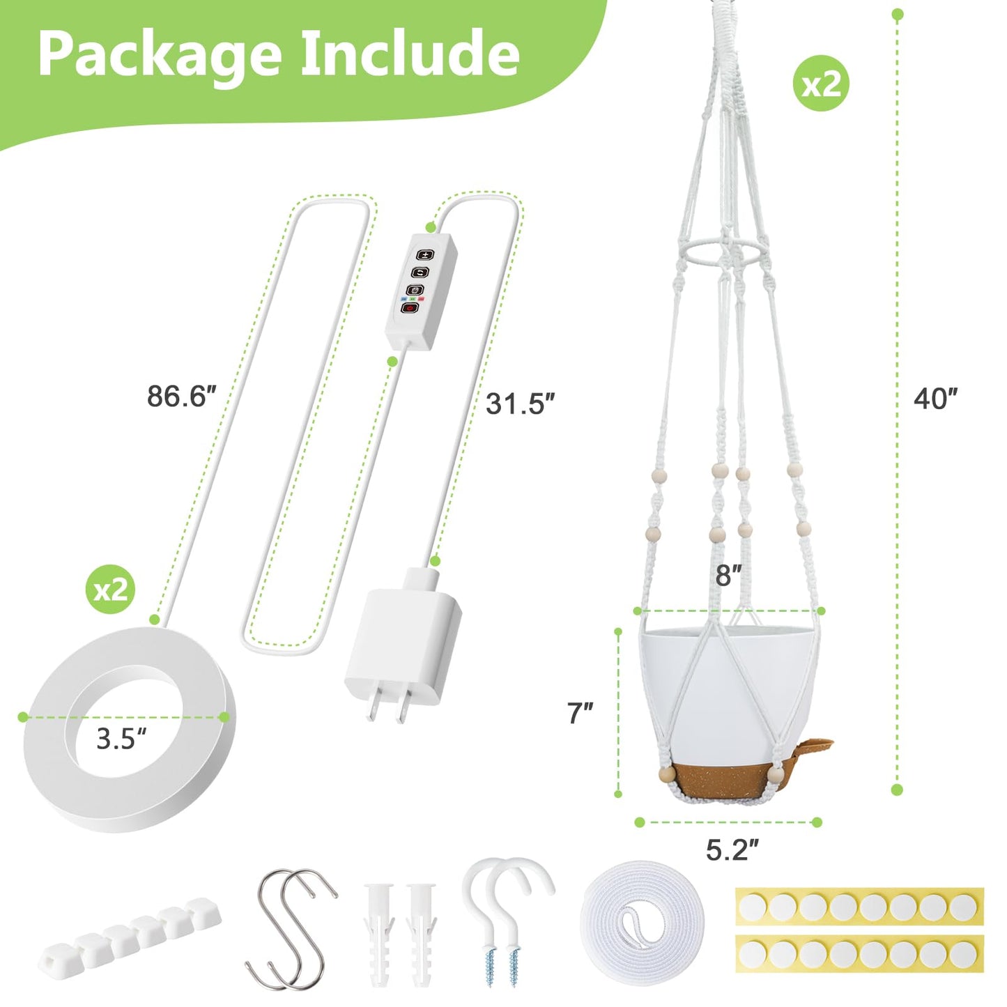 Hanging Planters for Indoor Plants: 2 Pack Macrame Plant Hangers with Grow Lights and Self-Watering Pots, Large Hanging Pots with Drainage Holes & Removable Tray（8in White Pot, Daylight Spectrum）