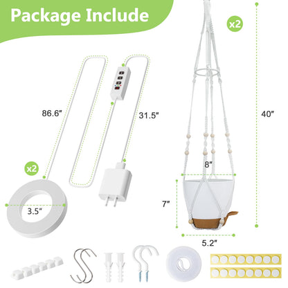 Hanging Planters for Indoor Plants: 2 Pack Macrame Plant Hangers with Grow Lights and Self-Watering Pots, Large Hanging Pots with Drainage Holes & Removable Tray（8in White Pot, Daylight Spectrum）
