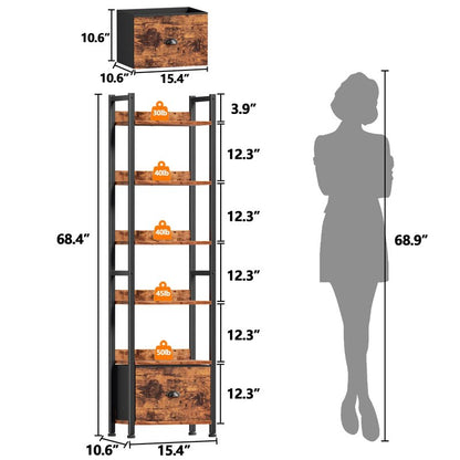 Furologee 6 Tier Bookshelf, Tall Shelf with Drawer, Wood and Metal Bookshelves Storage Organizer, Industrial Display Shelving Unit for Bedroom, Living Room, Home Office, Rustic Brown