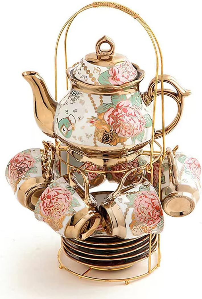 CHANJOON sets Set, Sets Set 6 tea Gold Plated Red Rose Ceramic Tea Vintage Teapot Tea Beautiful Tea Coffee Serving