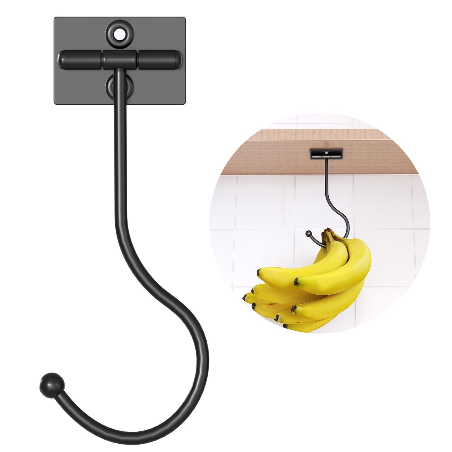 Josmimic Under Cabinet Banana Hook Foldable - Adhesive Banana Holder, Foldable with Magnets When Not in Use, Under Counter Banana Hook, Stainless, Hold 13 LB, Black