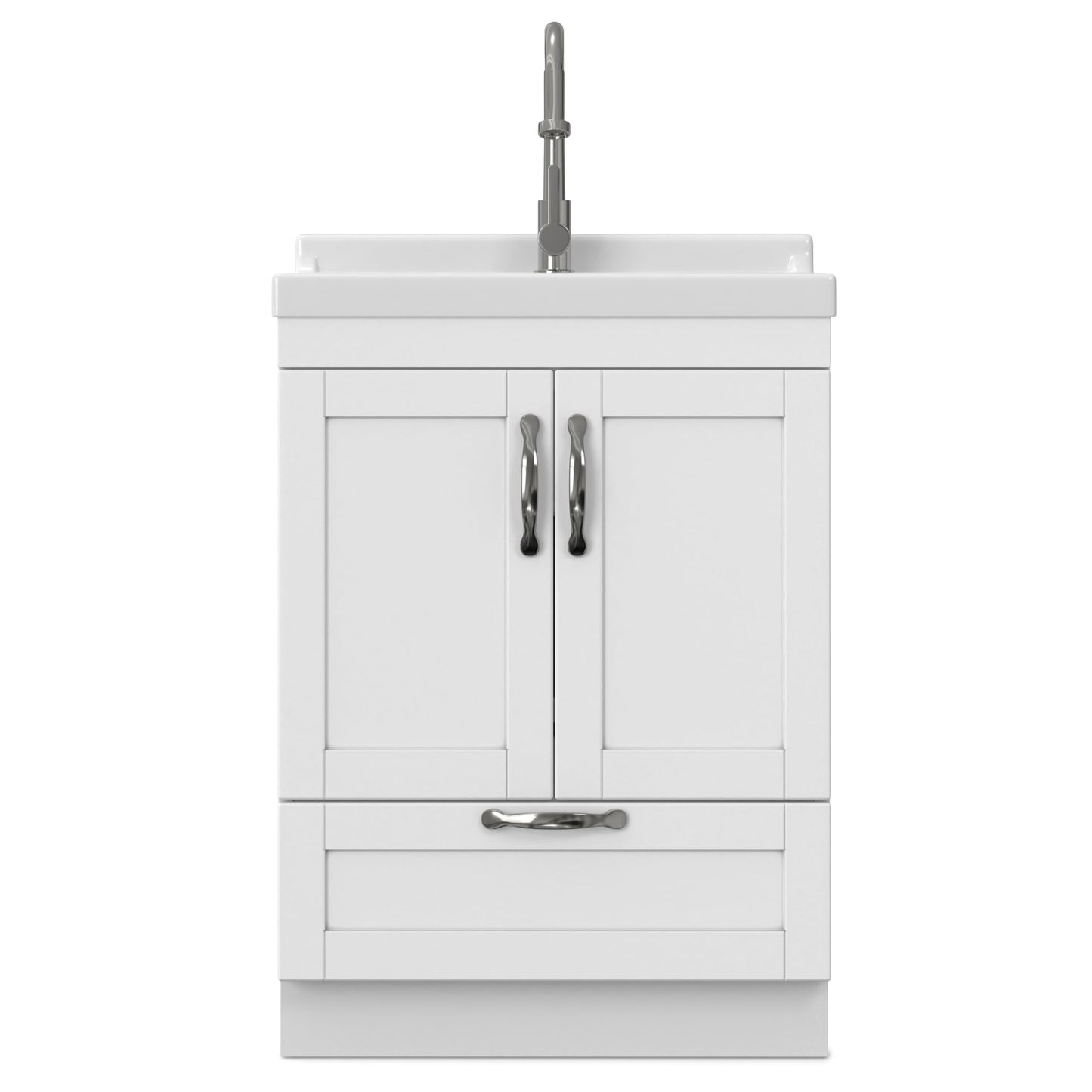 SIMPLIHOME Maile All-in-One 24 inch Wide Utility Sink and Laundry Cabinet in Pure White Finish, Transitional ABS Sink Cabinet for Laundry Rooms or Garage with High-Arch Chrome Faucet and Storage