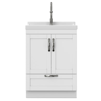 SIMPLIHOME Maile All-in-One 24 inch Wide Utility Sink and Laundry Cabinet in Pure White Finish, Transitional ABS Sink Cabinet for Laundry Rooms or Garage with High-Arch Chrome Faucet and Storage