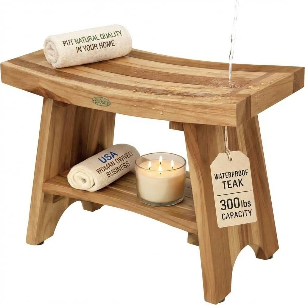 EcoDecors 24 Inch Serenity Teak Shower Bench – Waterproof Bathroom Seat with Large Storage Shelf For Adults & Seniors | Spa-Style Teak Wood Stool with Non-Slip Feet, Elegant Finish, 300 Pound Capacity