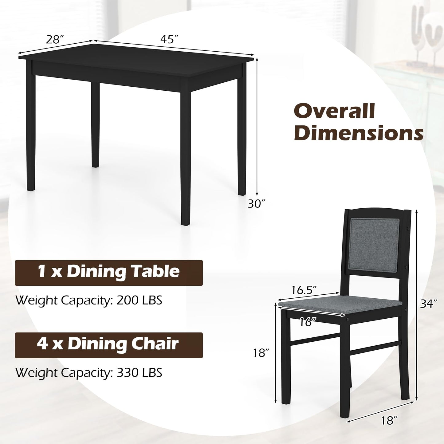 Giantex 5-Piece Dining Table Set for 4, Wooden Kitchen Table and Chairs with Solid Rubber Wood Legs, Padded Seat & Backrest, Space Saving Dinette Set for Home Dining Living Room, Breakfast Nook