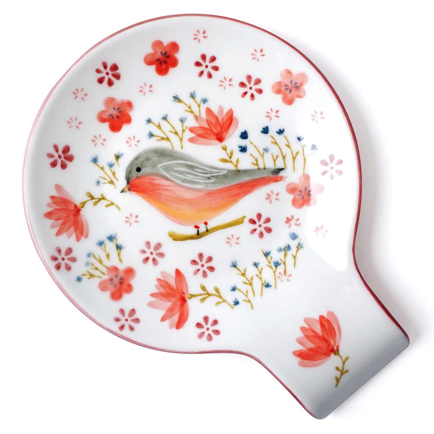 Magclay Hand Painted Spoon Rest, 5.5" Ceramic Spoon Holder for Stove Top and Kitchen Counter, Red Spring Bird Utensil Rest, Great Cooking Gifts for Bird Lover/Friend, Modern Kitchen Decorative