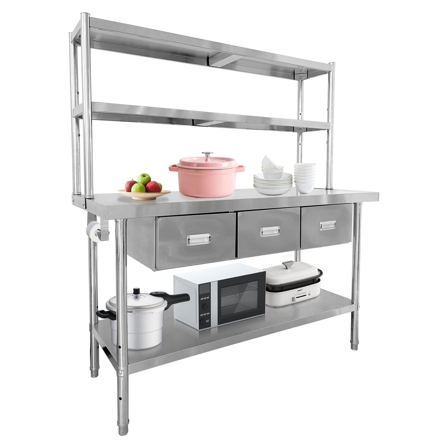 60" X 24" Stainless Steel Table with Drawers, NSF Work Table with Shelves & Paper Towel Holder, Metal Table Prep Table for Commercial Kitchen Restaurant Garage Warehouse