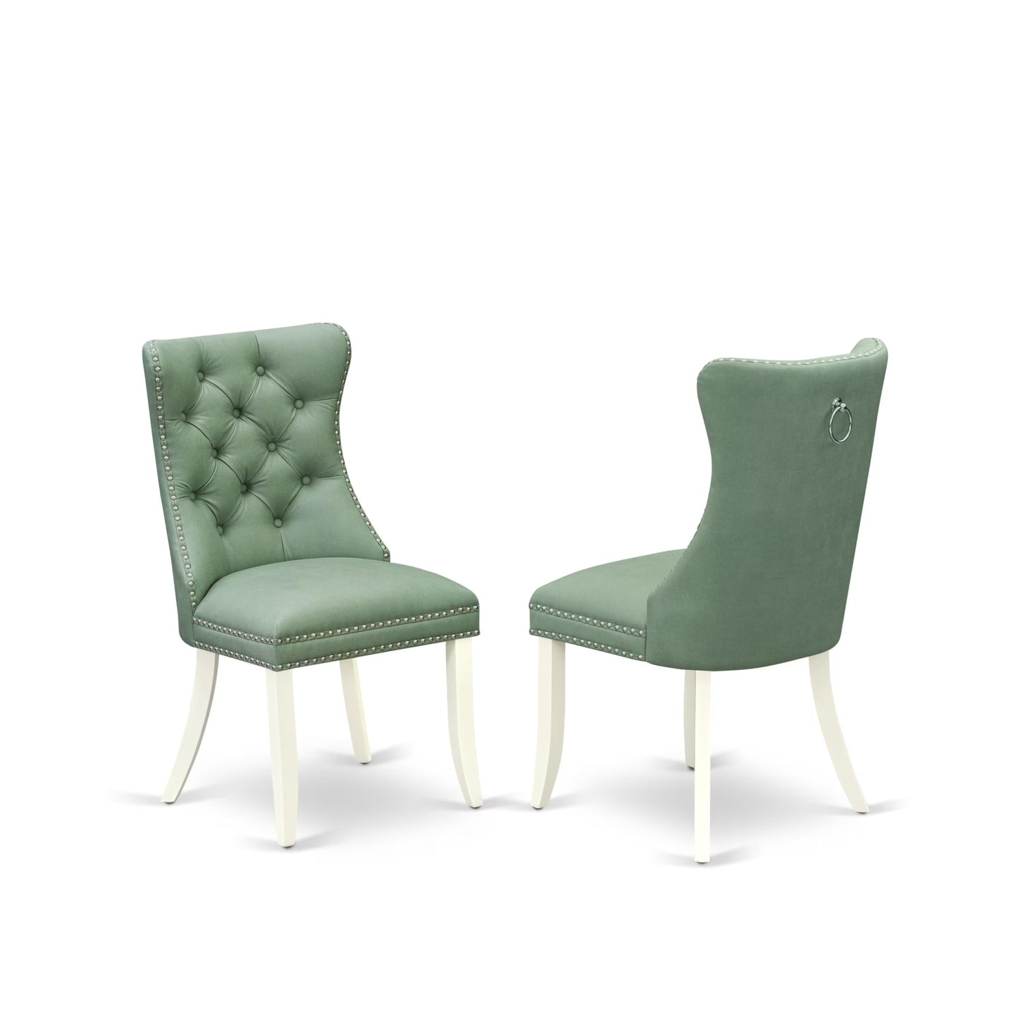 East West Furniture DAP2F22 Dallas Parson Kitchen Chairs - Button Tufted Nailhead Willow Green Polyester Fabric Upholstered Dining Chairs, Set of 2, Linen White