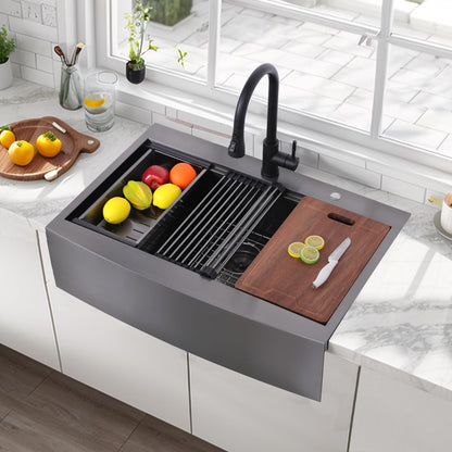 VC CUCINE 33x22 Inch Drop In Gunmetal Black Farmhouse Sink, 16 Gauge Stainless Steel Single Bowl Apron Front Workstation Farm Sink With Accessories
