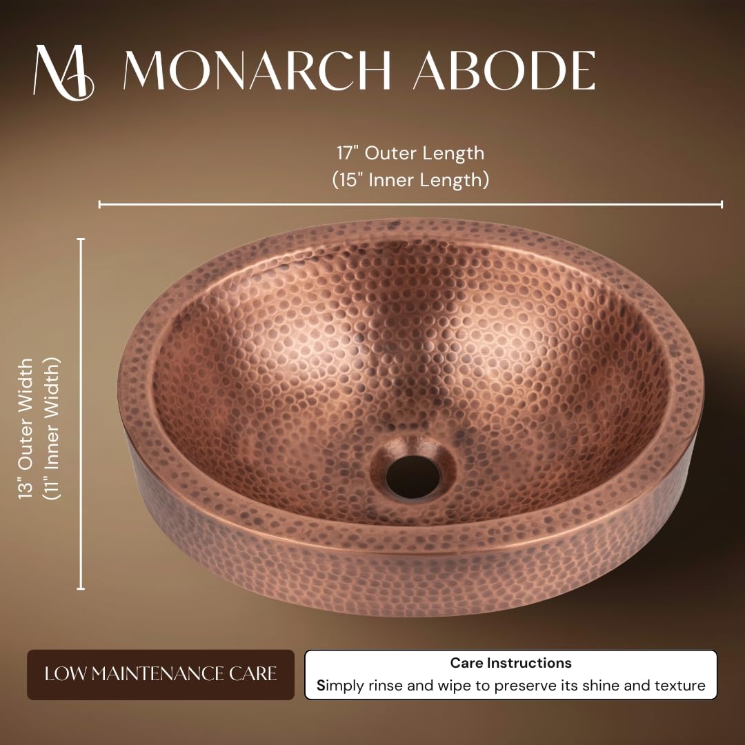 Monarch Abode Bathroom Sink – 17-Inch Oval Skirted Drop In Bathroom Sink, Top Mount Hand Hammered Pure Copper Vanity Sinks for Countertop, Powder Room or Restroom, Drop in Sinks for Bathrooms