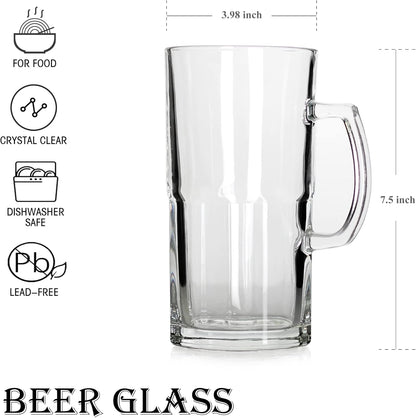 BaveL Style Extra Large Beer Mug, 34 Ounce Glass Mug with Handle, One Liter German Beer Stein
