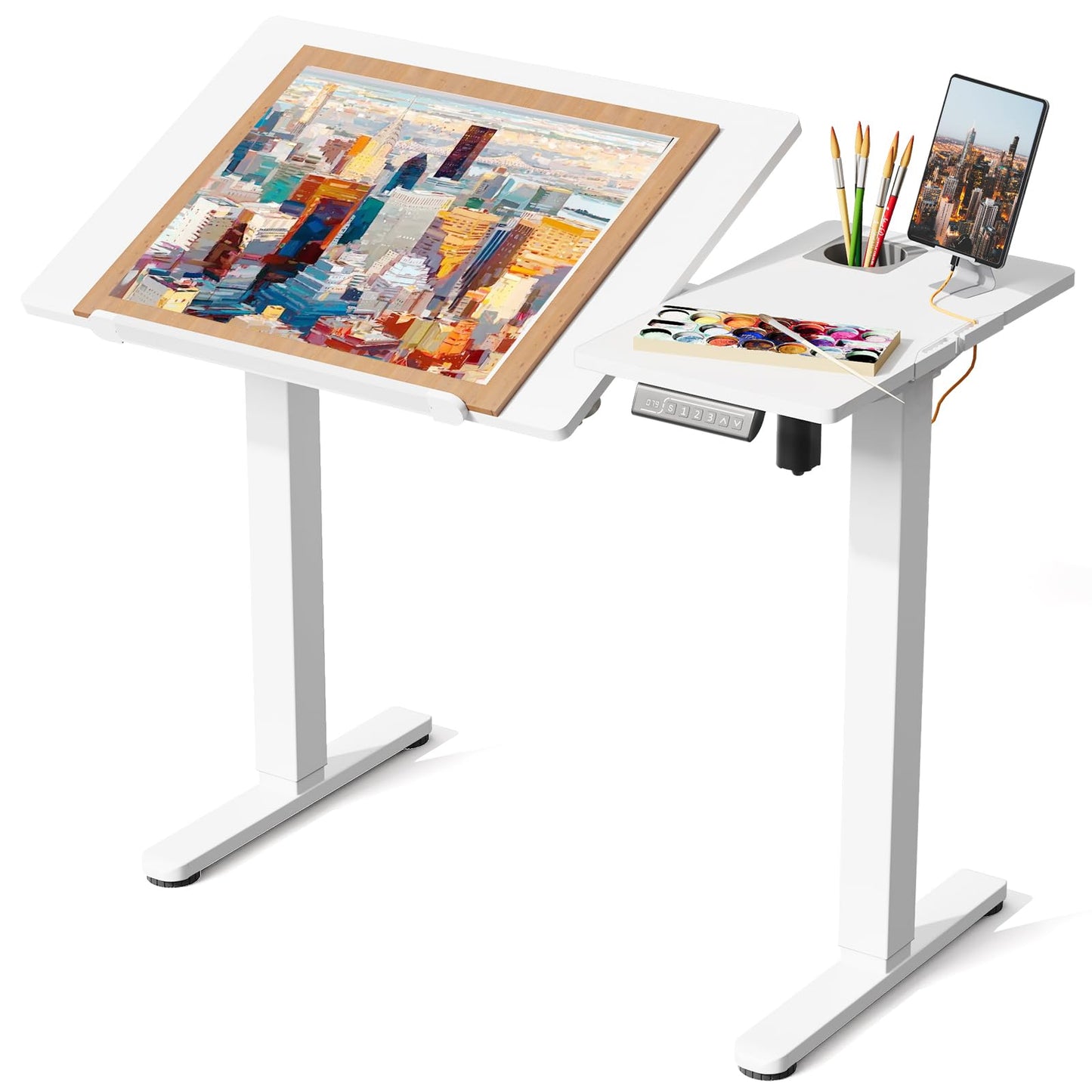 JOY worker Electric Drafting Table, 40×20" Height Adjustable Standing Art Desk, Drawing Workstation with 0‑90° Tiltable Surface, Cup Holder & Cable Management for Artist Craft Home Studio, White