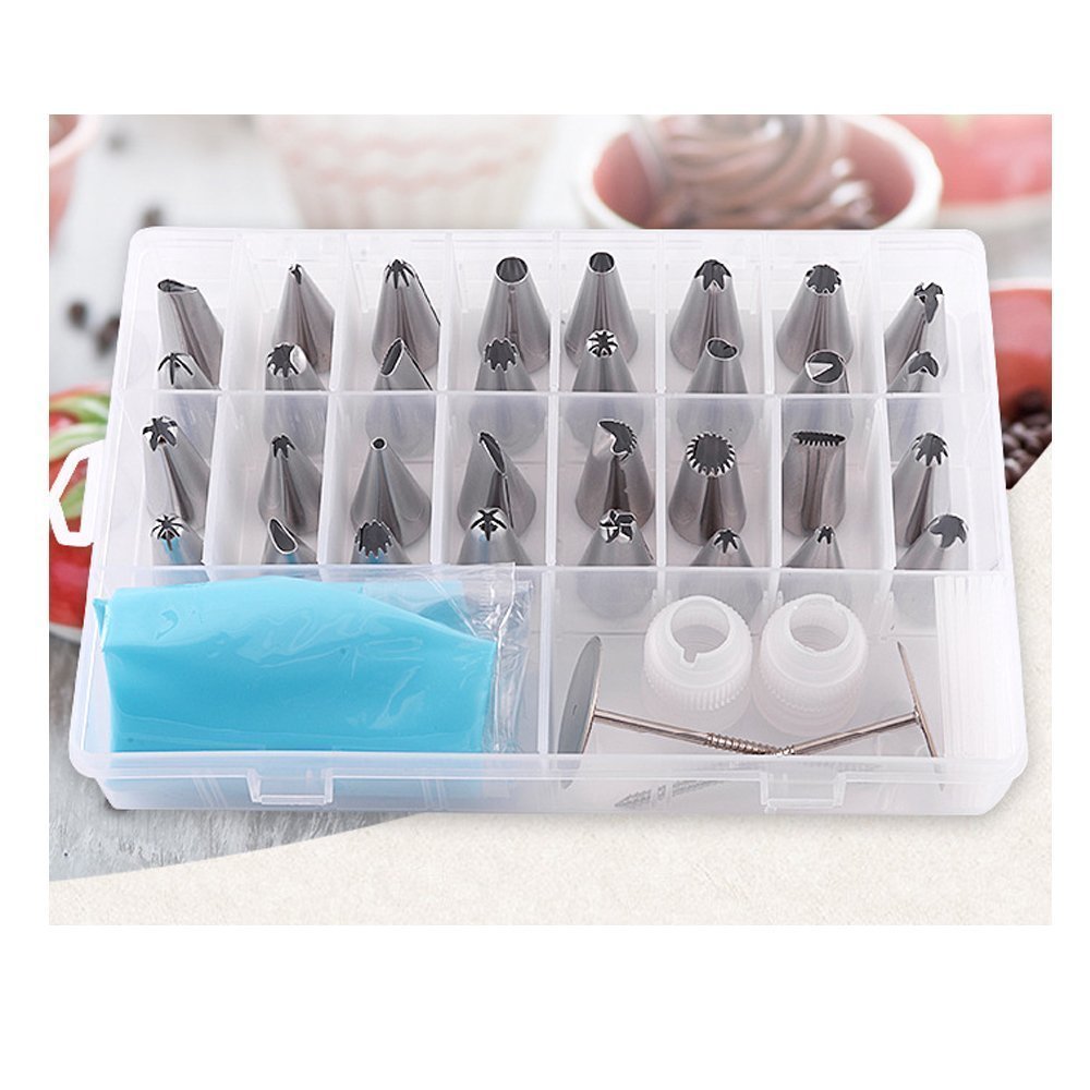 HMIEPRS 39PCS Piping Bags and Tips Set with Storage Case, Icing Tips, Large Piping Nozzles, Couplers, Silicone Pastry Bags, Flower Nails, Icing Smoother, Baking Decoration Tools for Cake Cookies