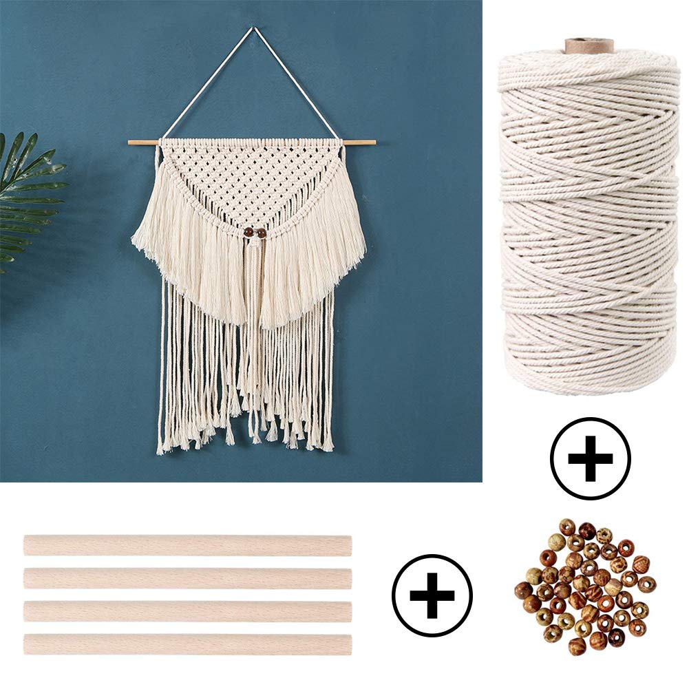 ZXCDINO 87pcs Macrame Kits for Beginners 3mm x 220yards Natural Cotton Macrame Cord Wall Hanging Kit, Macrame Supplies Best for Macrame Plant Hanger with Wooden Beads,Wooden Rings