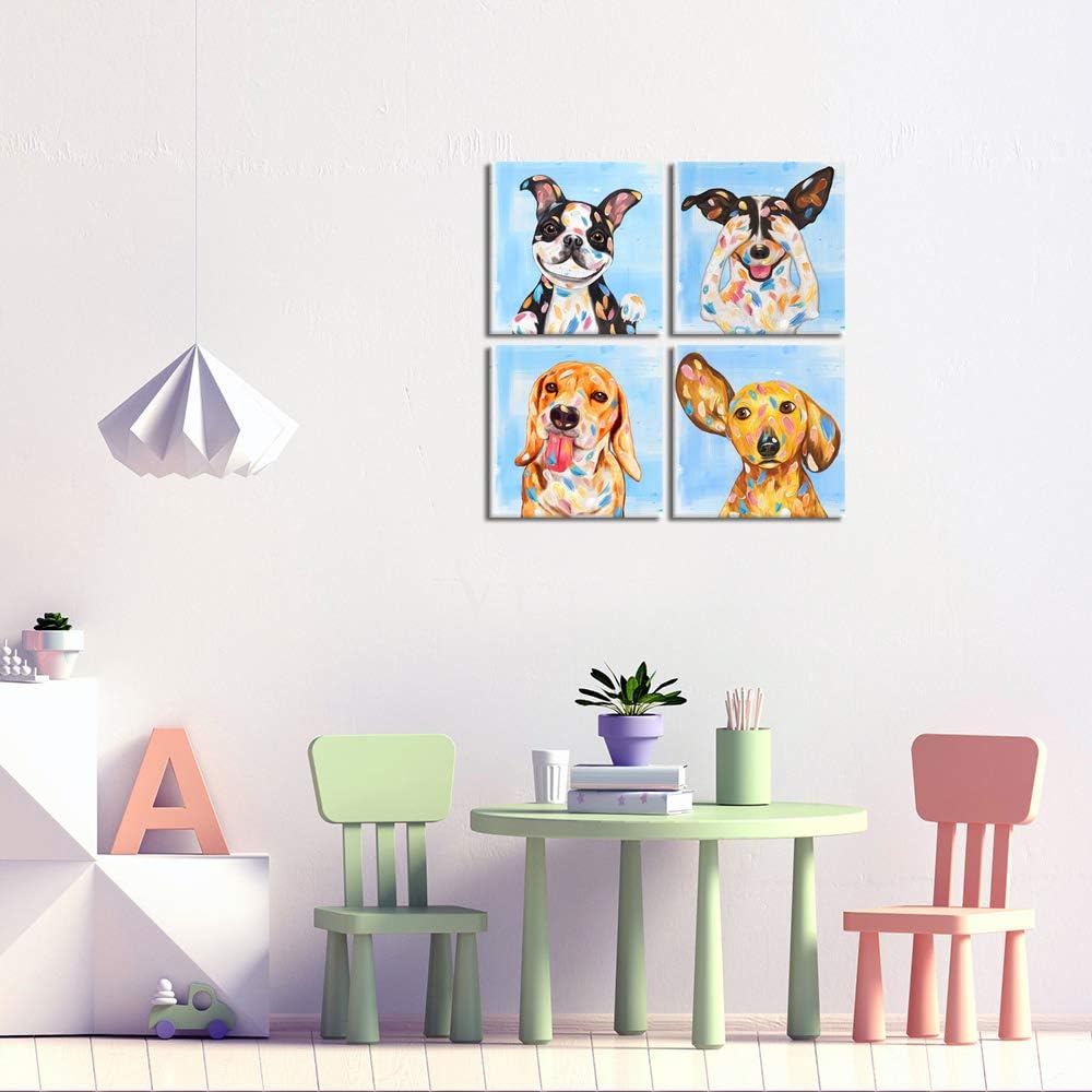 12x12inchx 4 KLVOS Abstract Puppy Artwork Dog Painting Funny Animal Pictures Wall Decor Print on Canvas Gallery Wrapped