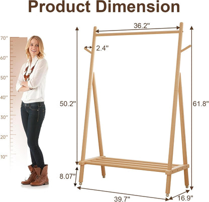 Muwuele Solid Wood Clothing Rack - Portable Rolling Garment Rack with Shelves | 350 Lbs Capacity, Natural Finish