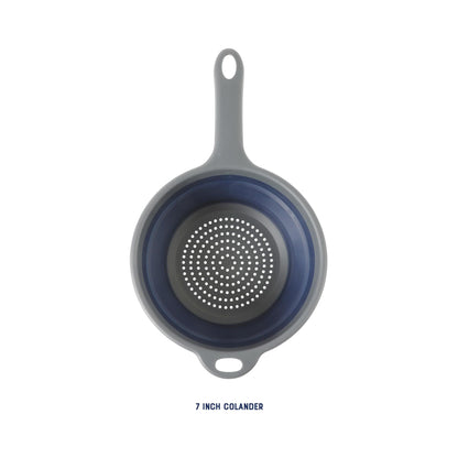 Oster Bluemarine Foldable Handled Strainer – 7-Inch Collapsible Colander for Pasta, Veggies, Fruits, Compact Kitchen Tool, Dishwasher Safe, Blue/Grey