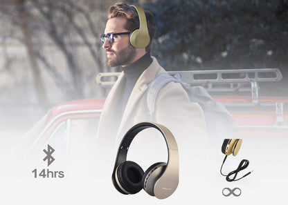 PowerLocus Wireless Bluetooth Over-Ear Stereo Foldable Headphones, Wired Headsets Rechargeable with Built-in Microphone for iPhone, Samsung, LG, iPad (Gold)