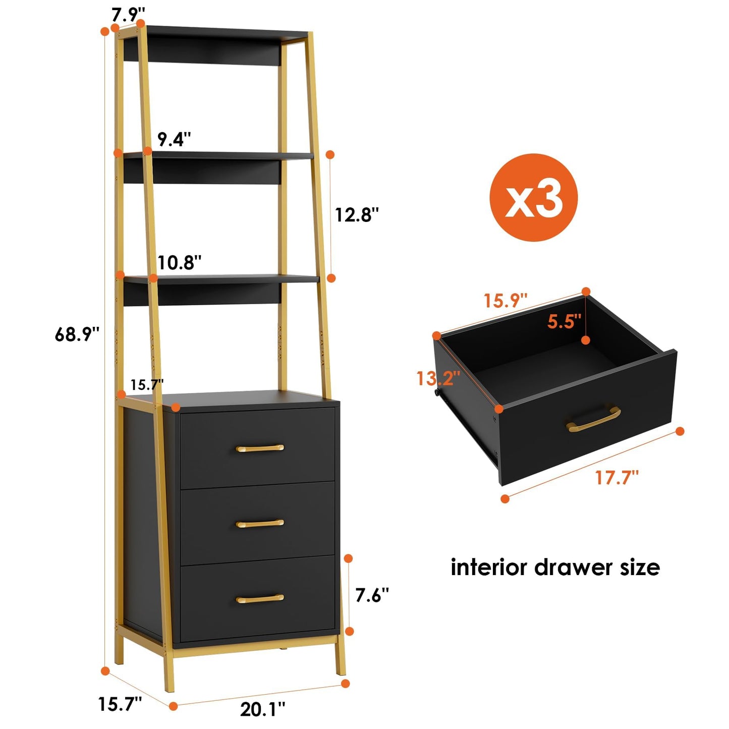 HITHOS 4-Tier Bookshelf, Tall Bookcase with 3 Wooden Drawers, Modern Ladder Book Shlef Storage Organizer for Living Room, Entryway, Office, Black Gold, 2 PCS