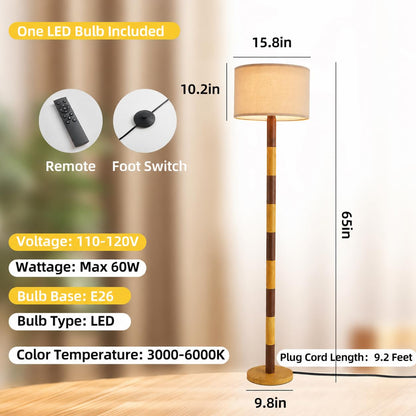 CozyCanyon 65" Wood Pattern Floor Lamp for Living Room, Dimmable Standing Lamp with Remote and Foot Switch, Rustic Tall Floor Lamp Linen Shade for Bedroom, Corner, Living Room, Home Decor.