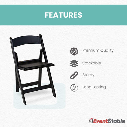 EventStable Titan Series 200 Resin Folding Chairs with 8 Dollies and 8 Straps Bundle - Black Indoor/Outdoor Lightweight Folding Chair - Padded Folding Chair for Weddings Parties Events