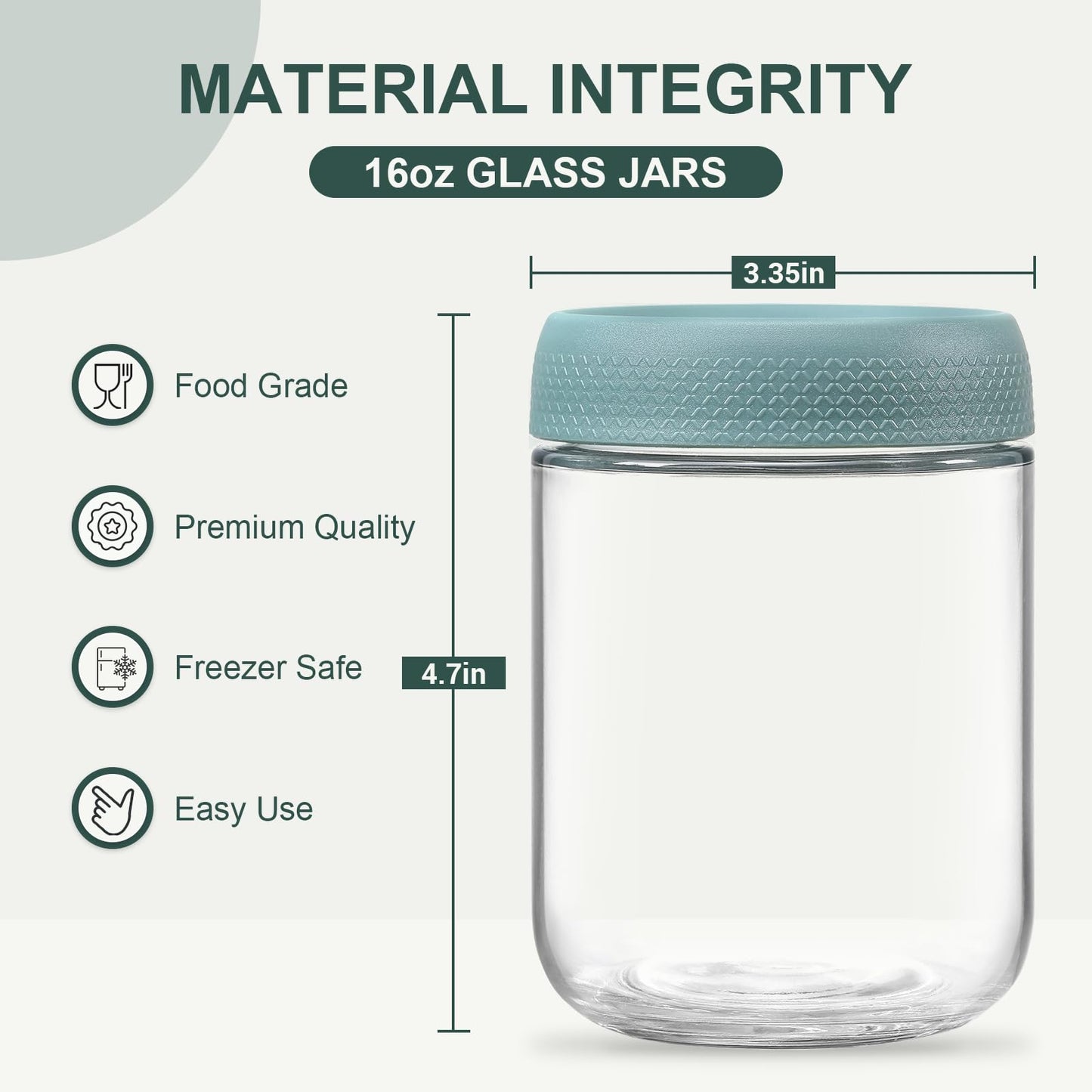 NETANY 6-pack 16oz Glass jars with Airtight Lids, Overnight Oats Containers with Lids, Wide mouth Mason Salad jars, Glass Food Storage Containers for Snacks Yogurt Spice Sugar - Green