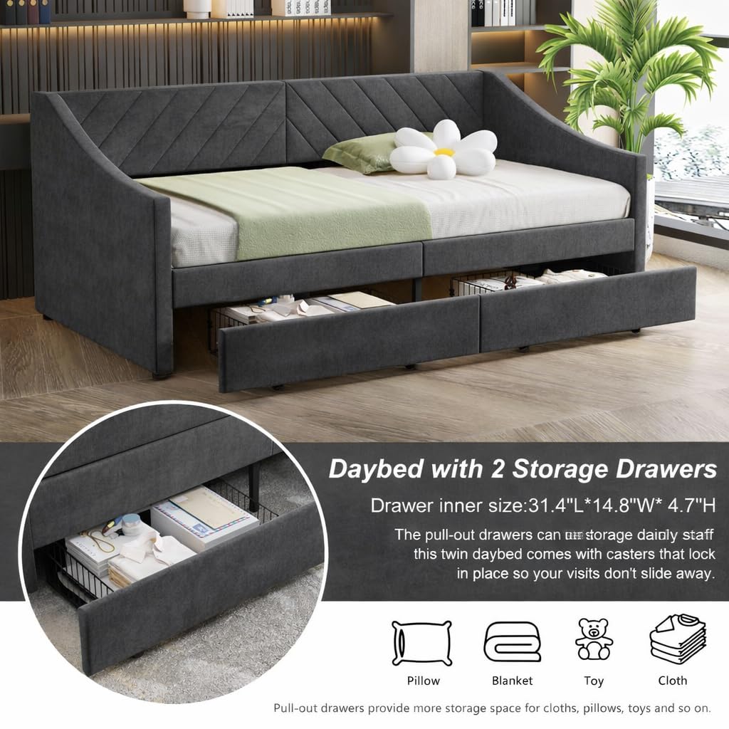 Arhomefurni Upholstered Twin Size Daybed with Two Storage Drawers, Twin Leatherair Sofa Bed Daybed with Wood Slat Support,No Box Spring Needed (Dark Grey)