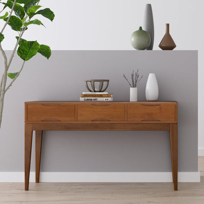 SIMPLIHOME Harper Console Table - 54 Inch Wide Solid Hardwood Sofa Table in Teak Brown, Mid-Century Modern Storage Table for Entryway or Living Room with 3 Drawers, Notched Handles, and Tapered Legs
