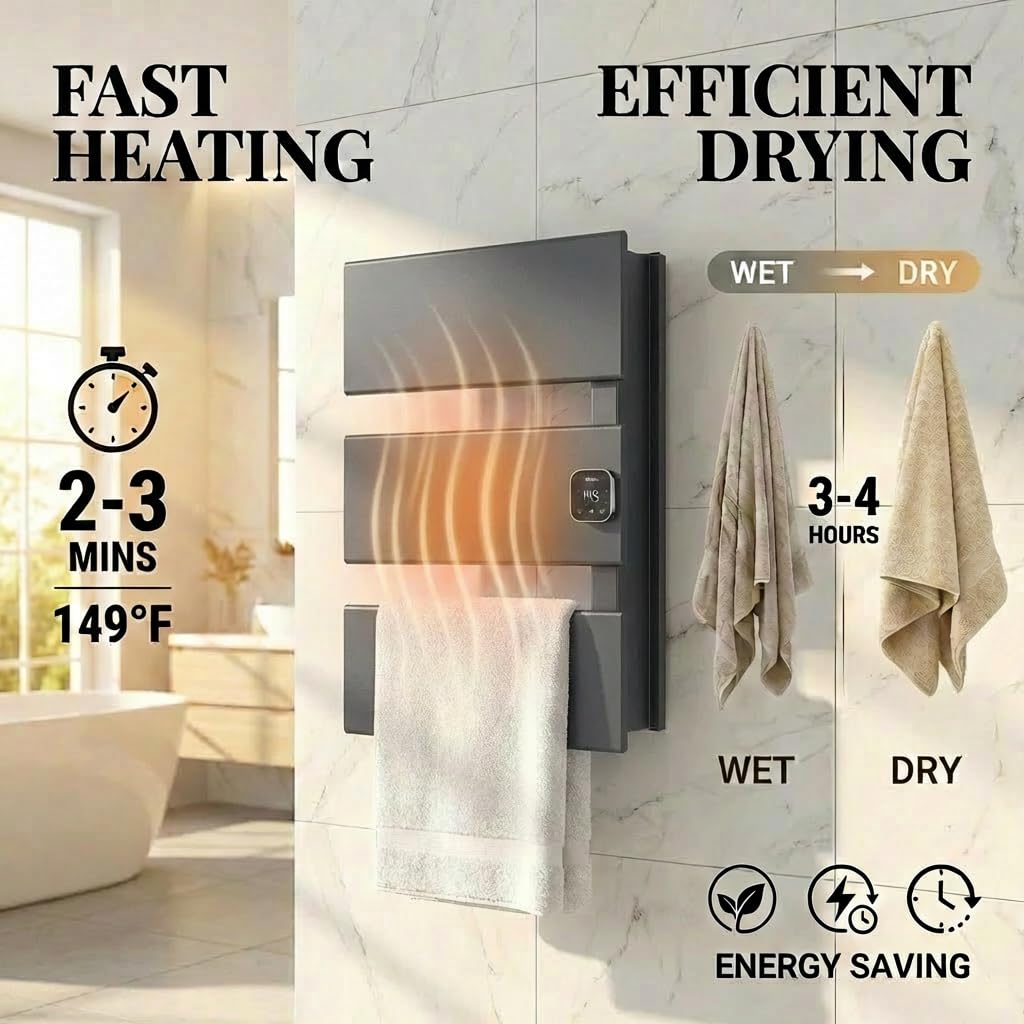 HSTRUKT Electric Towel Warmer, Heated Towel Rack with Thermo Control and Timer, Fast Heating Towel Rail for Bathroom with Memroy Function, Work with Smart Plug, Right-Wiring, 3 Panel, Gun Gray