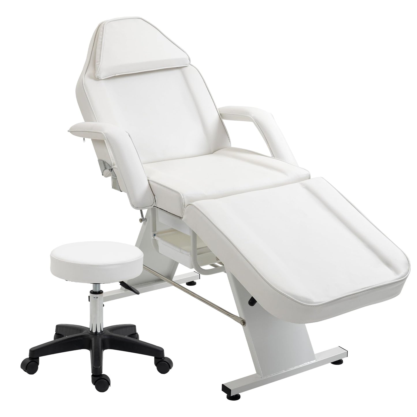 VroomAuto Hydraulic Facial Bed & Massage Chair with Stool, 3-Section Adjustable Esthetician Table for Spa, Tattoo, Beauty Salon, White