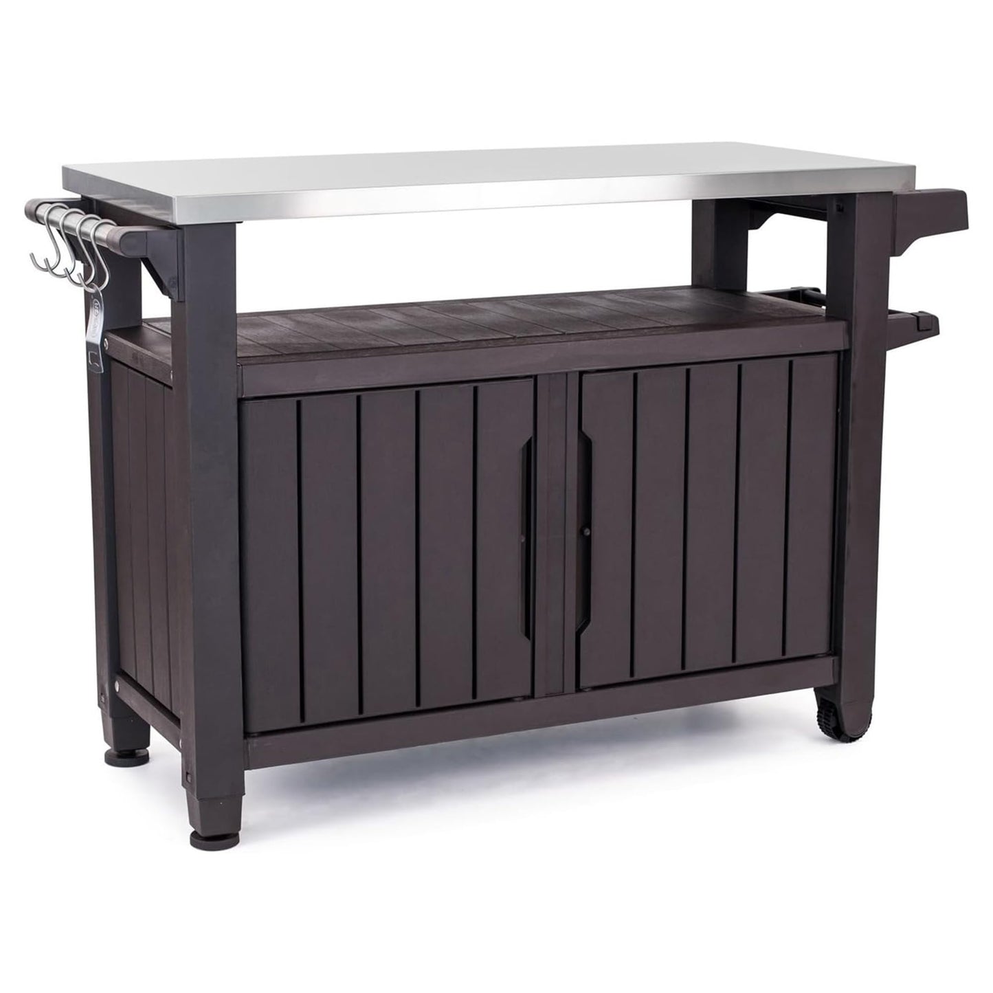 Keter Unity 40 Gallon Stainless Steel Top Patio Storage Grilling Bar Cart and Unity XL Outdoor Kitchen Rolling Bar Cart with Storage Cabinet, Brown