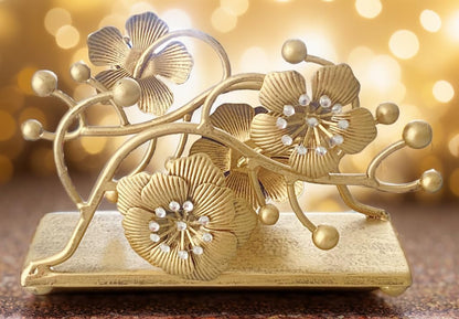 Gold Orchid Blooms Napkin Holder| Exquisite Orchid Flowers & Faux Crystals Design| Vertical Iron Metal Disposable