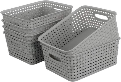 6-Pack Plastic Storage Organizer Basket, Slightly Gray, 10.04"L x 7.48"W x 3.95"H