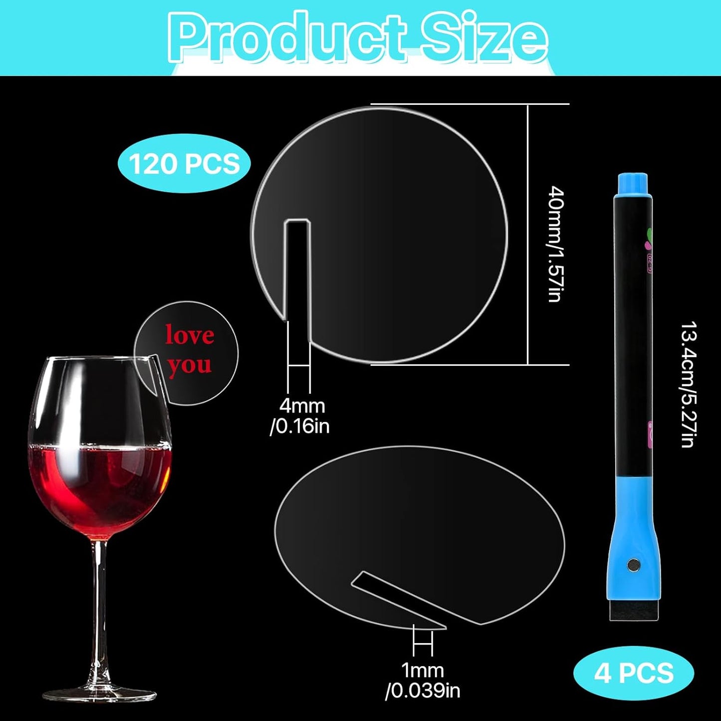 120 Pcs Acrylic Disc Drink Tags, Circle Cocktail Drinking Tags, DIY Wine Drink Names with 4 Highlighters