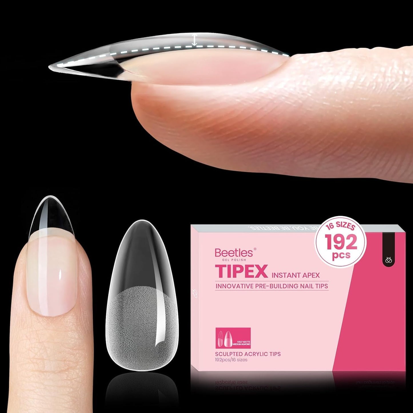 Beetles Tipex Gel Nail Kit, Medium Almond Nail Tips 224 Pcs 16 Sizes Pre-Building Pre-Etched Thick Acrylic Tips with Tipex Glue, Mini Lamp